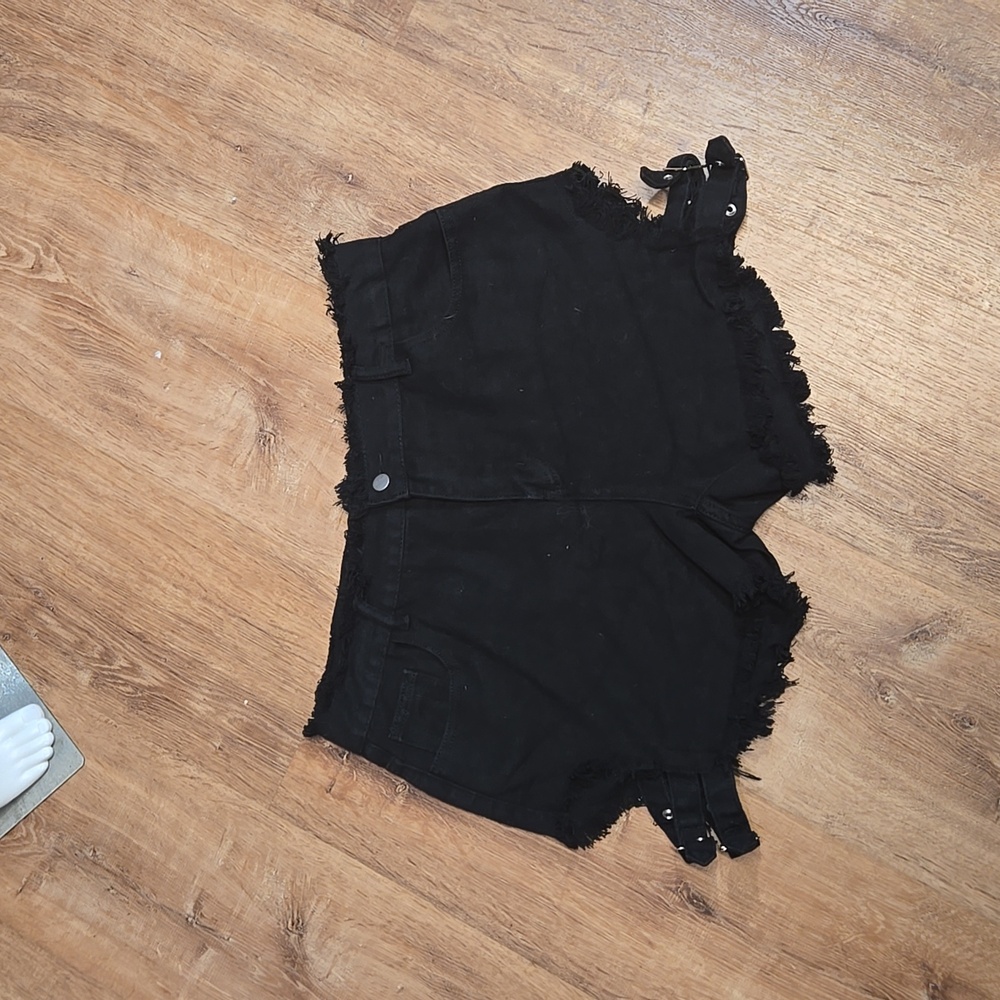 ☀️Black Raw Hems Buckle Accented Basic jean Shorts XXL